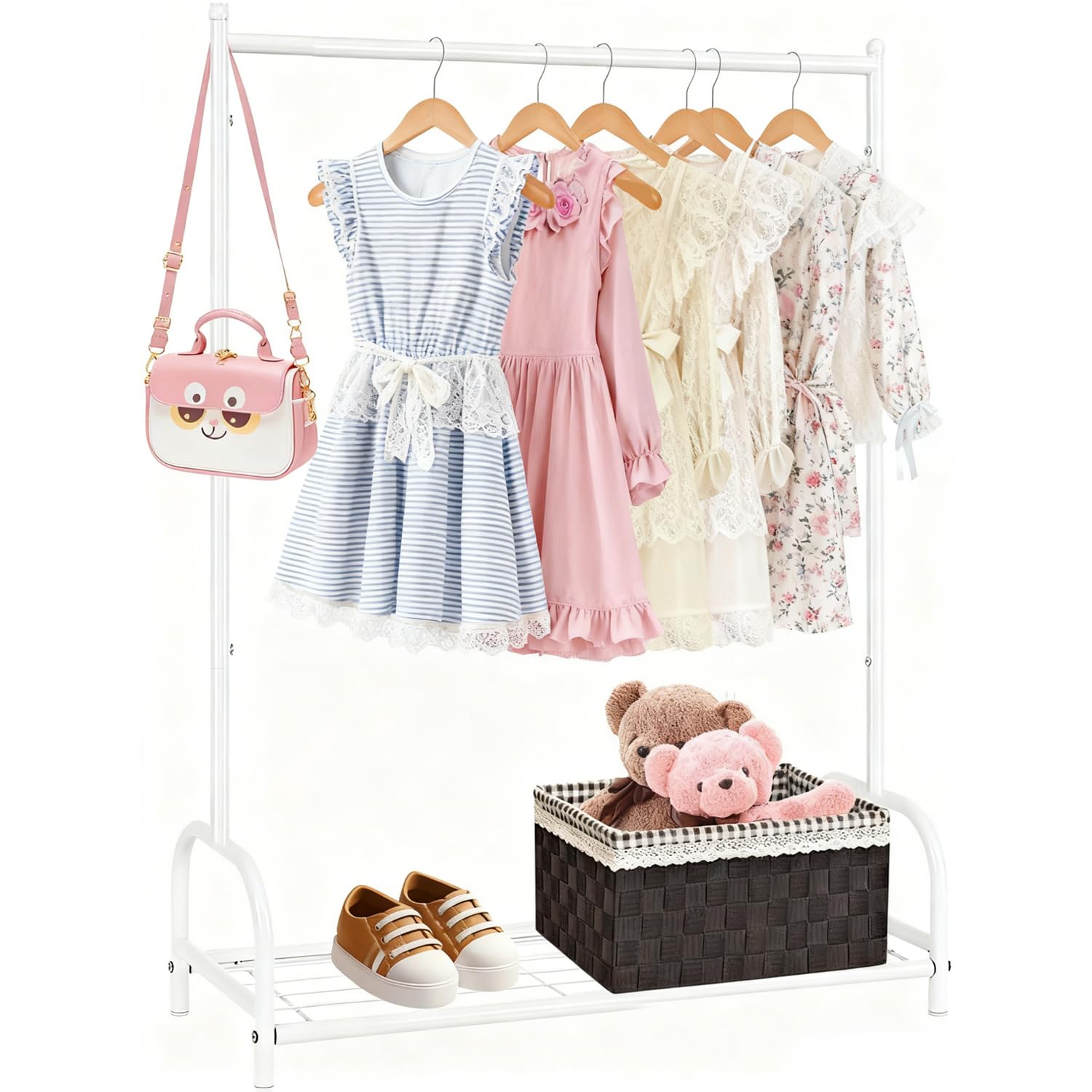 Kids Clothing Rack Small Clothes Shelf with Metal Storage Shelf Kids Dress Up Storage Rack White