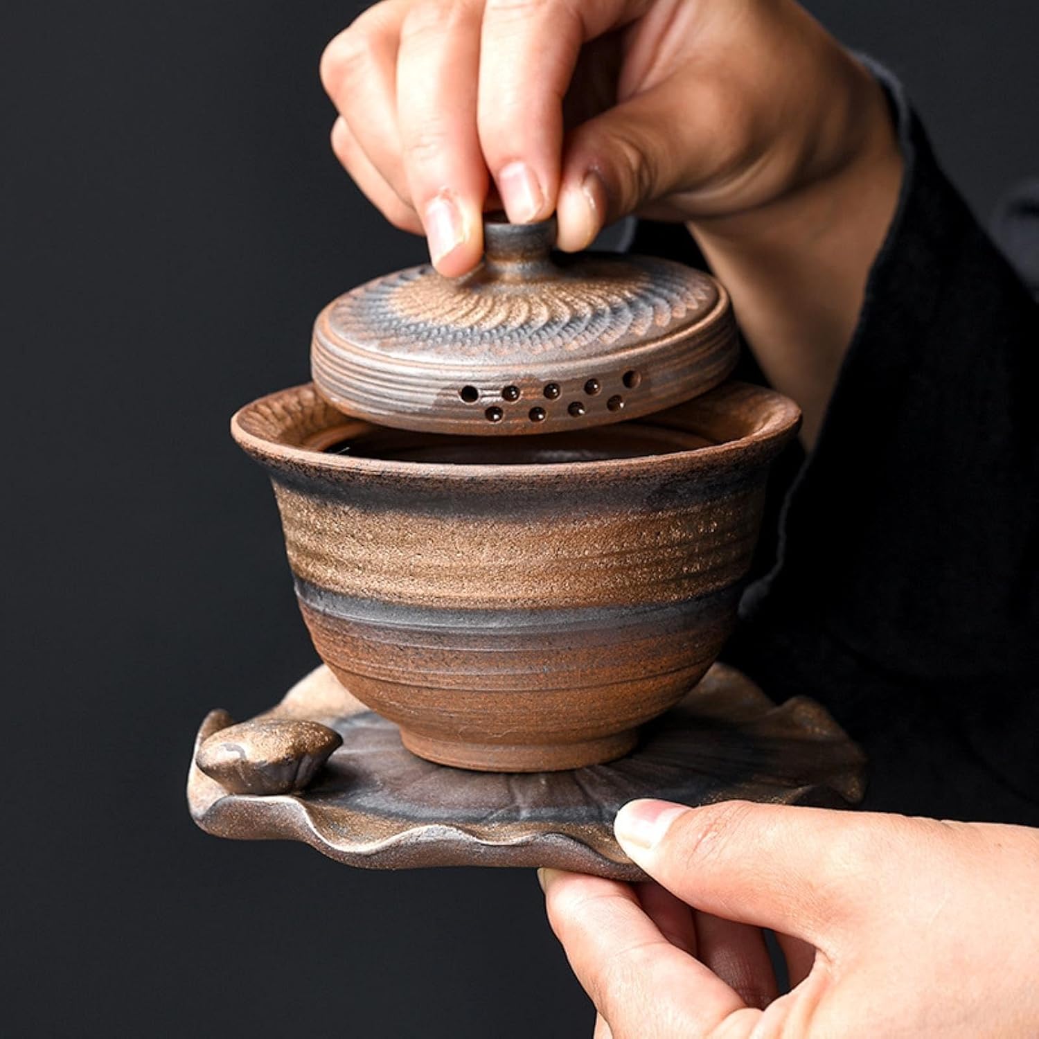 270ml/255.1 g ヴィンテージ木製焼成金メッキ釉蓋ボウル 手作りセラミック家庭用粗いセラミック手持ちポット-ヴィンテージバ