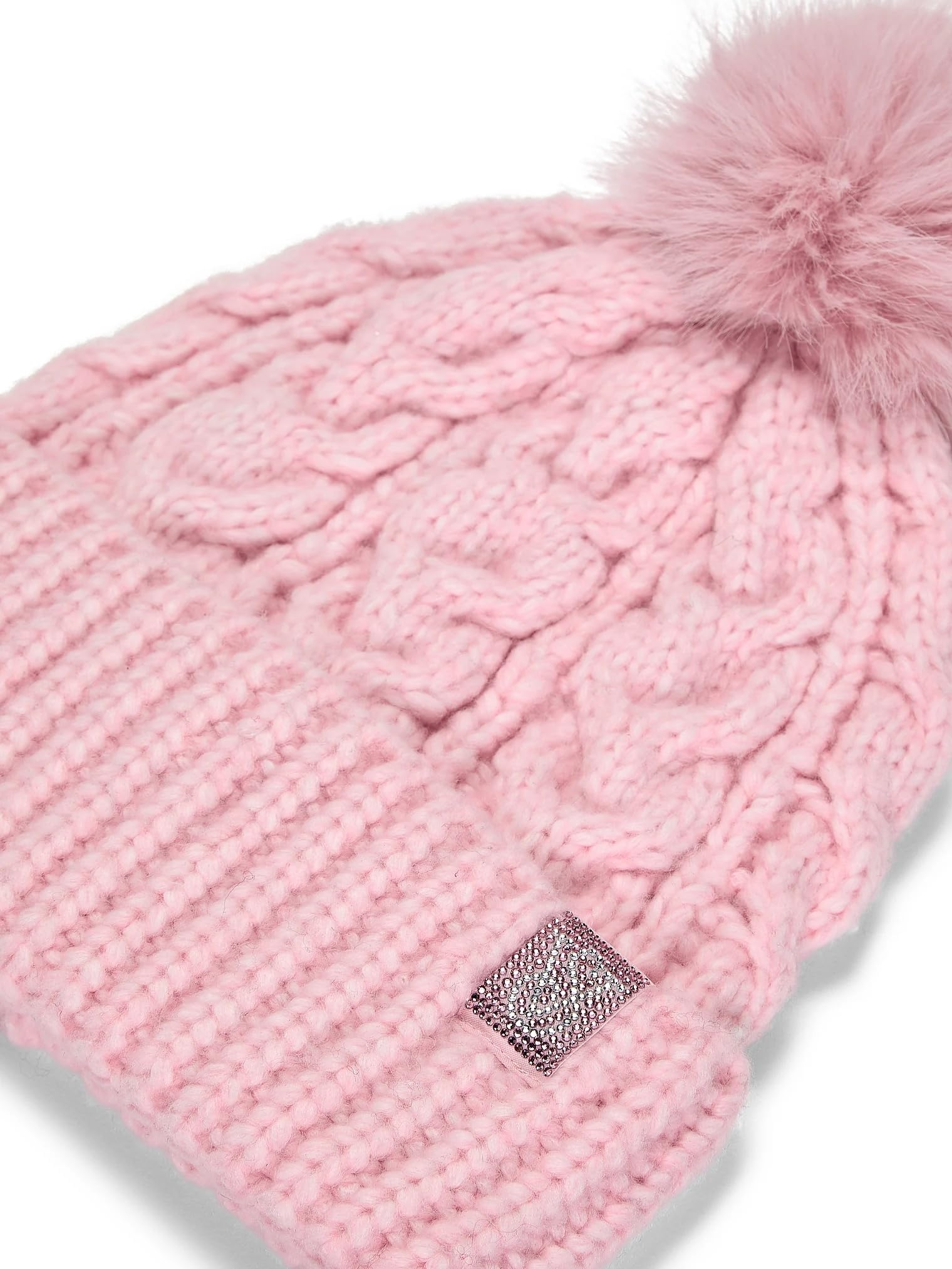 Victoria's Secret Cozy Cable-Knit Pom Beanie Shine Color Pink Rhinestone Logo New