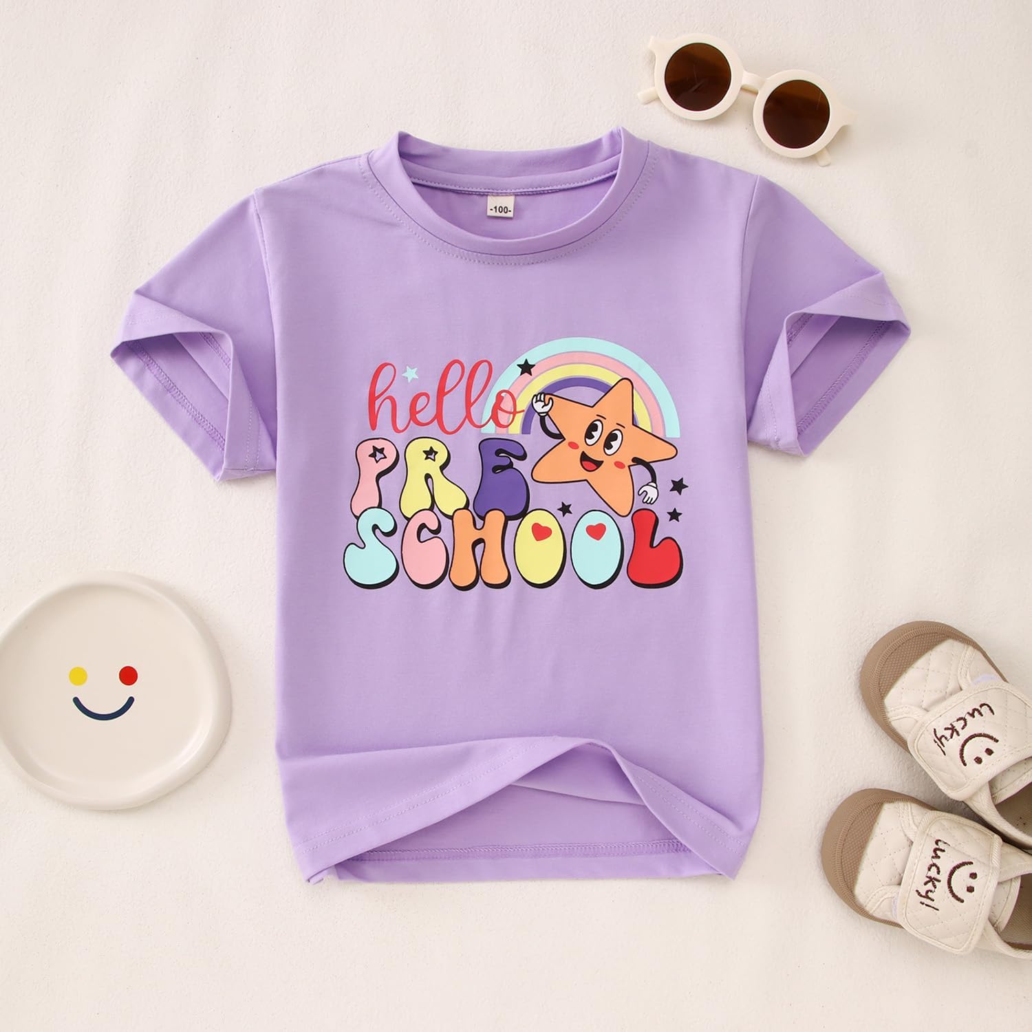 SOFEON Toddler Girl Kindergarten Shirt Hello Preschool T-Shirt Star Rainbow First Day of School Shirts Preschool Summer Tees