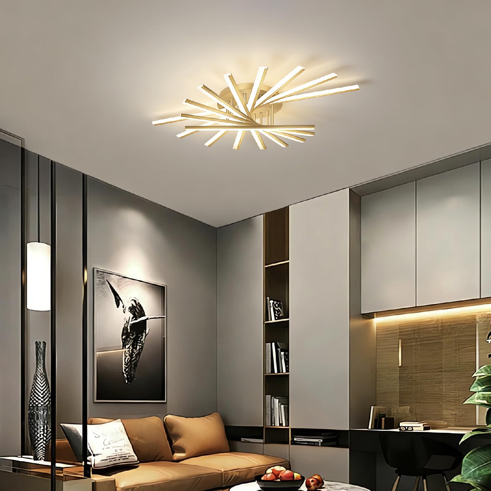 Plafones 7/9 cabezas Negro Y Oro Led Plafones Flush Mount Lámpara de Techo Blanco Regulable con Mando a Distancia para Dormitorio Salón Oficina (Oro, 120CM)