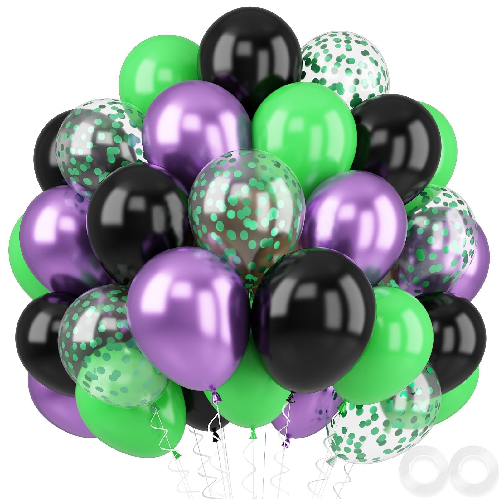 Purple and Green Balloons, 52 PCS 12 Inch Metallic Chrome Purple Light Green Black Latex Balloons with Black Green Confetti Balloons for Boys Girls