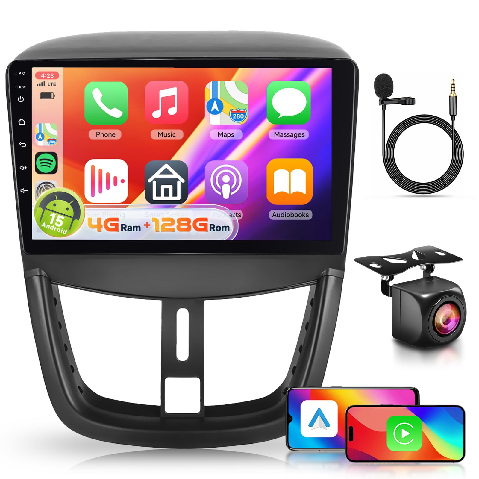 【4+128G】 Hodozzy Carplay Autoradio pour Peugeot 207 2005-2015, 10 Pouces Ecran in-Cell Android Autoradio avec Bluetooth 5.0/Android Auto/WiFi/GPS/RDS/FM/USB/DSP