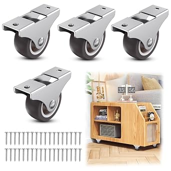 1.5 Inch Small Fixed Caster Wheels, Low Profile Caster Wheels, Mini Fixed Caster Wheel with Quiet Rolling for Furniture, Drawers, Storage Bins Brown,4PCS