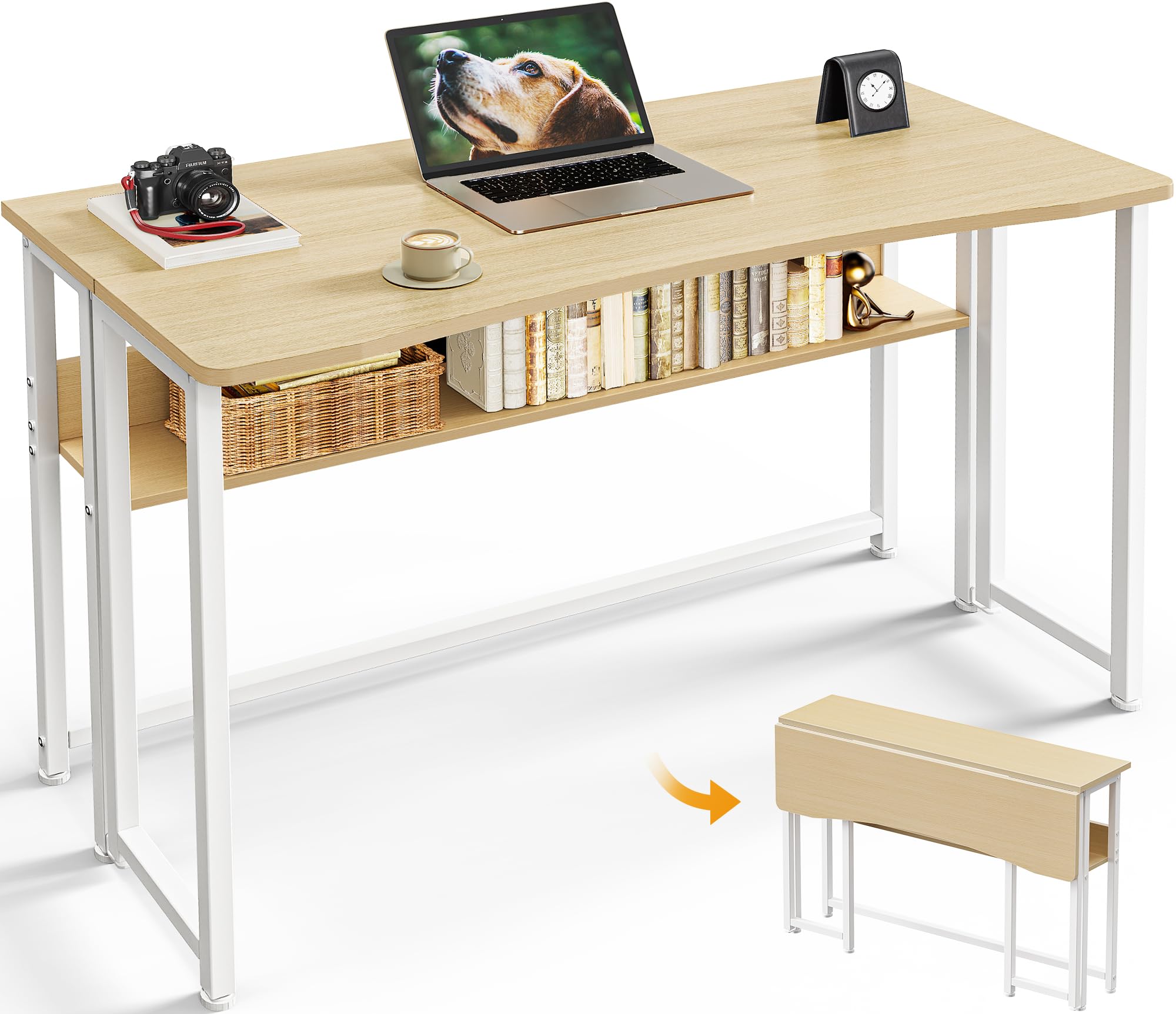 Huuger Folding Desk with Storage Shelf, 39.3 Inch Foldable Computer Table for Small Spaces, Space Saving Sofa Table for Couch, Writing Work Office