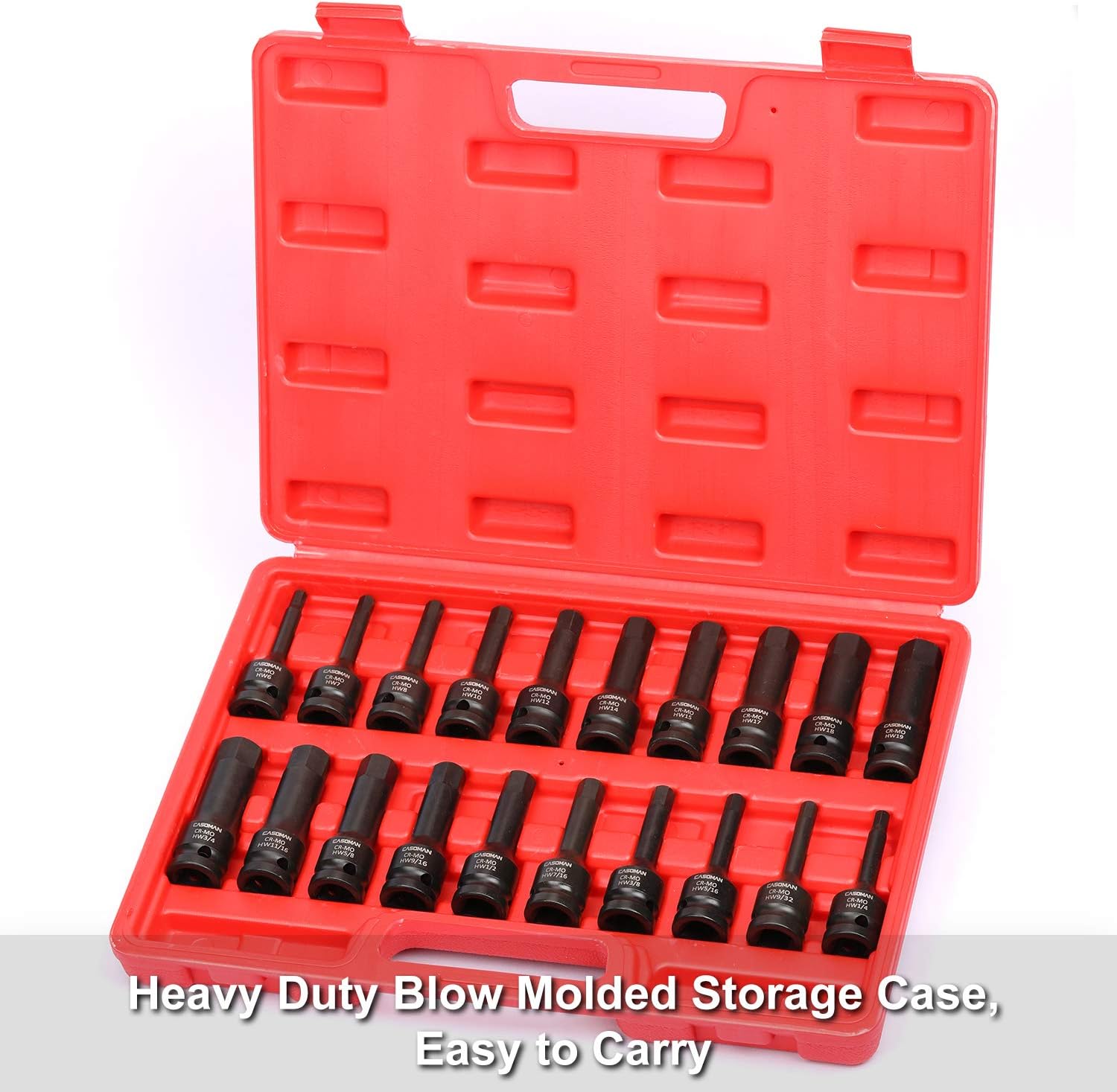 Super Big Clearance! CASOMAN 1/2 Drive Master Impact Hex Bit Set, Hex Driver, SAE/Metric, 1/4 - 3/4, 6mm - 19mm, Cr-Mo Steel,Impact Grade, One-Piece Construction, 20-Piece 1/2 Drive Allen Bit Socket Set