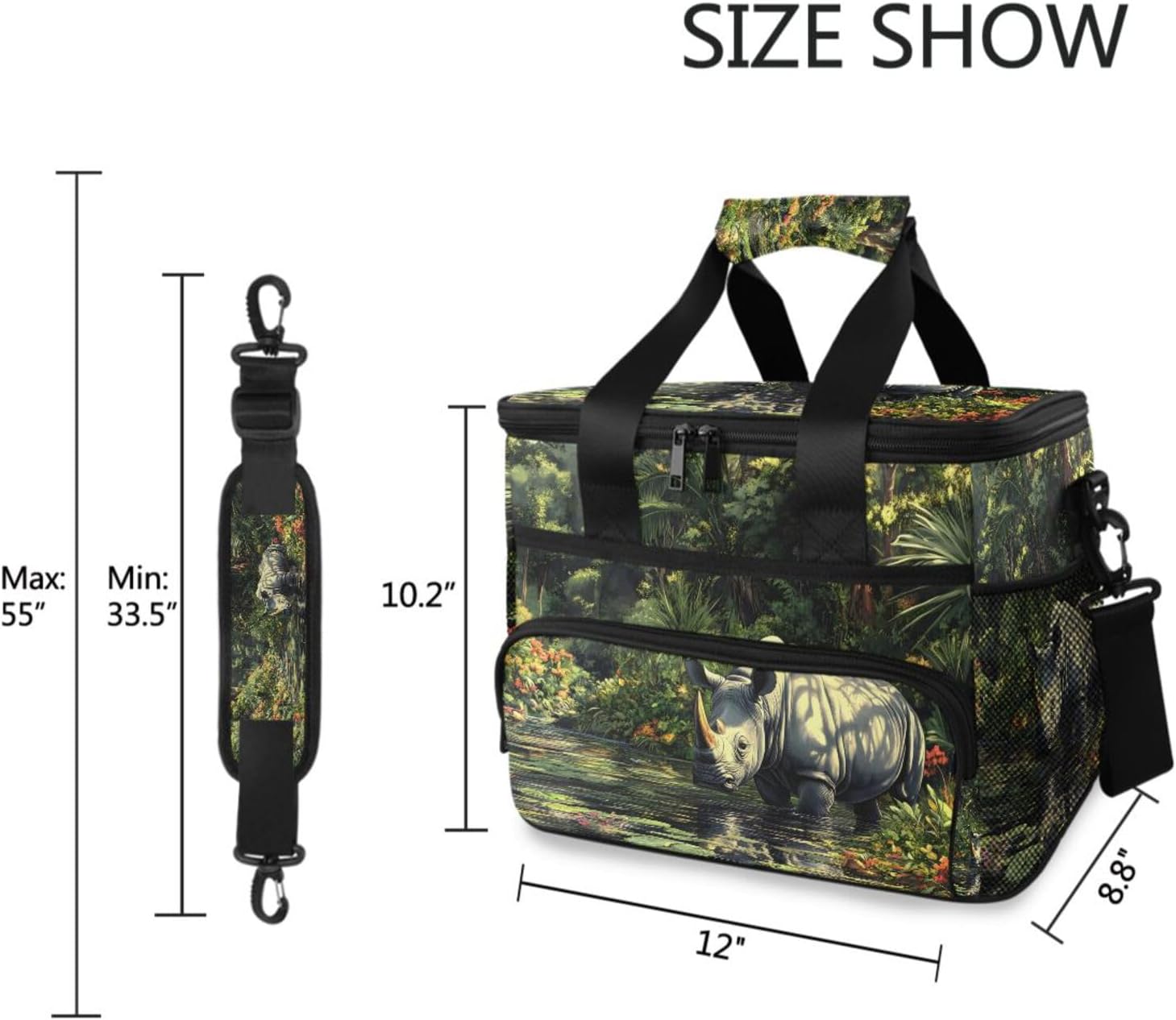 Insulated Cooler Bag Rhino Forest Print Large Capacity 24 Cans Lunch Box Leak Proof with Shoulder Strap Handle for Camping Picnic
