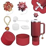 Stanley Cup Accessories Set,Including 2 Pcs 0.4in Straw Cover, 1 Silicone Spill-Proof Stopper Set of 3, 1 Cute Flower Handle Charm, 1 Silicone Boot Fits Stanley 40&30 Oz Tumbler (Cranberry)