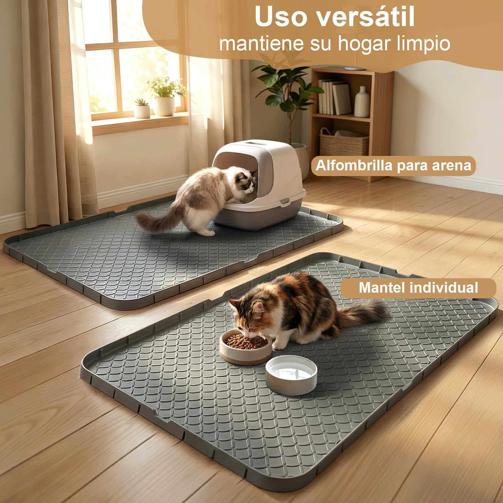 Pack de 2 Alfombrillas Arenero Gato en Silicona 86×55 cm – Impermeables, Antideslizantes, Atrapan la Arena, Fáciles de Limpiar – Ideales para Hogares con Múltiples Gatos, Gris