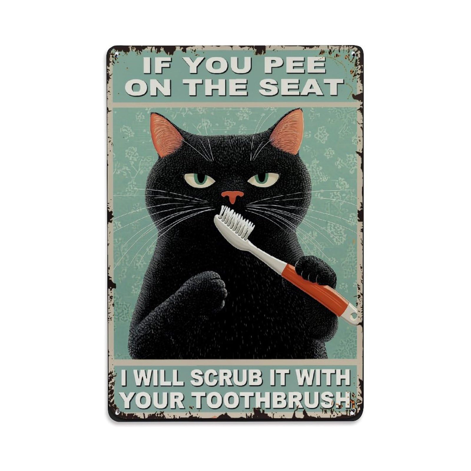 Bliveurn Vintage Black Cat Holding Toothbrush Retro Metal Tin Sign, Metal Poster For Home, Gaming Room, Studio Workshop,Bar,Garage Wall Art Decor 8X12 Inch