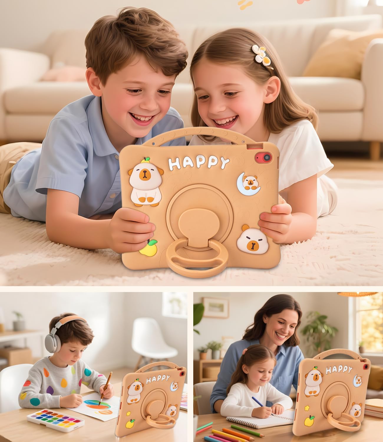 Capybara Kids Case for iPad mini 7 A17 Pro Case for iPad mini 7th/6th Generation - 3D Cute Shockproof Silicone Cover for Girls Teens with 360° Rotating Stand, Adjustable Strap, Pencil Holder - Brown