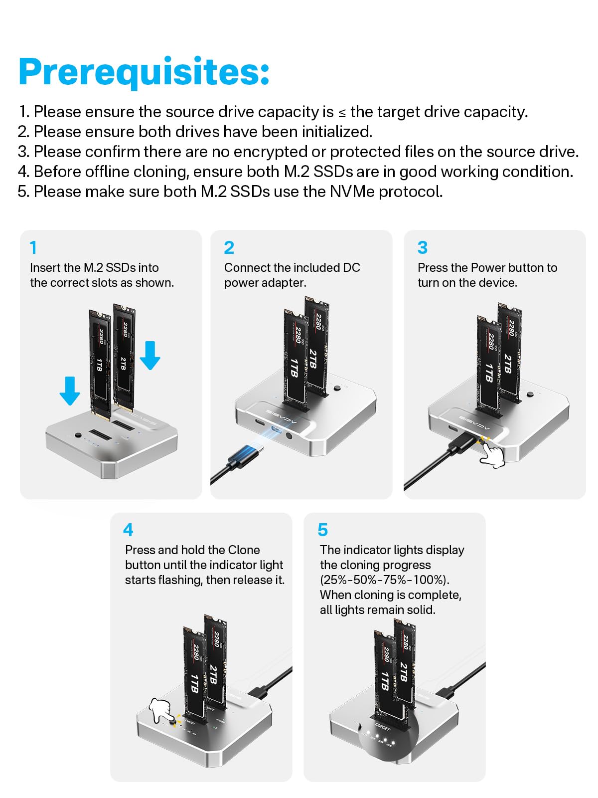 ACASIS Dual Bay Docking Station M.2 NVMe USB C 10Gbps, Clonazione Offline, Migrazione OS e Backup, Duplicatore SSD, USB 3.2 Gen 2, M-Key/B+M Key 2230/2242/2260/2280, Plug and Play