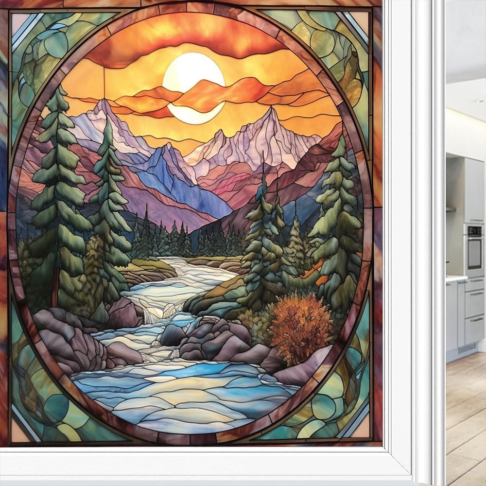 Beautiful Mountain Forest Frosted Stained Glass Window Film Abstract Sunset Nature River Landscape Privacy Window Film Self-Adhesive Glass Sticker for Home Office Decorative 35.4Wx63L inch
