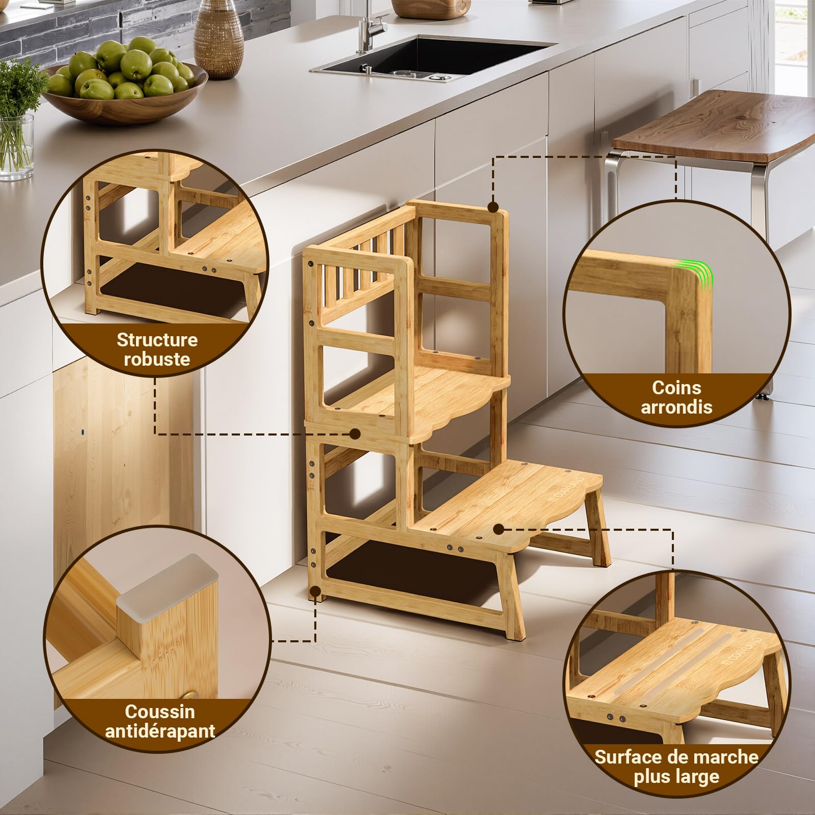 COSYLAND Tour d’Observation Montessori pour Enfant – Chaise d’Apprentissage Bébé Sécurisée, Tabouret en Forme Nuage Antidérapant pour Salle de Bain, Toilettes et Chambre – Natural