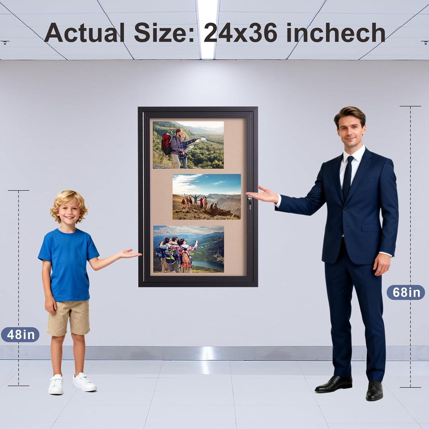 36x24 Inch Lockable Enclosed Bulletin Board, Weather-Resistant Outdoor Noticeboard with Locking Doors, Wall-Mounted Black Aluminum Frame & Cork Presentation Board