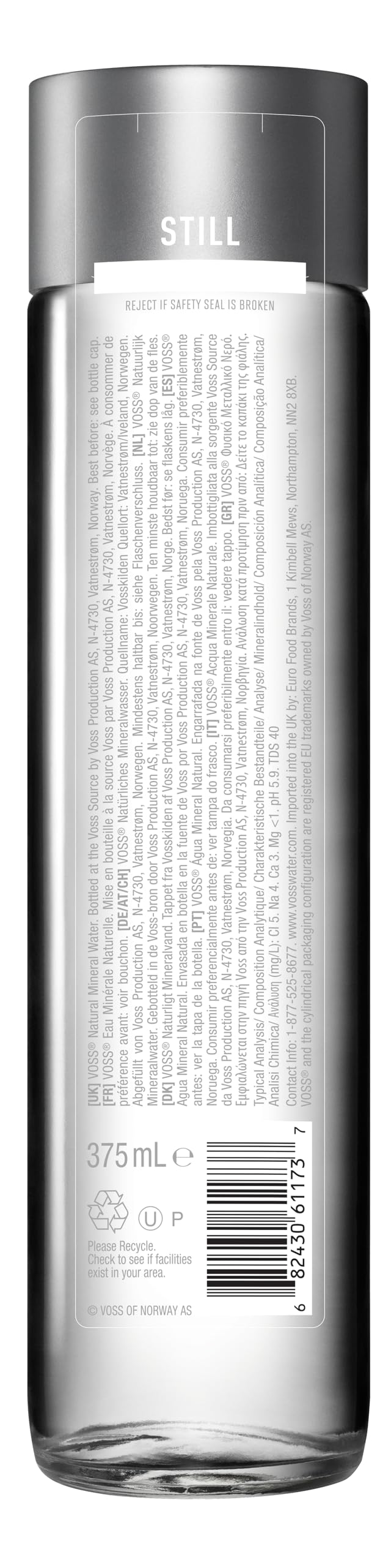 VOSS Agua sin gas, paquete de 24 botellas de vidrio originales VOSS de 375 ml, agua mineral natural