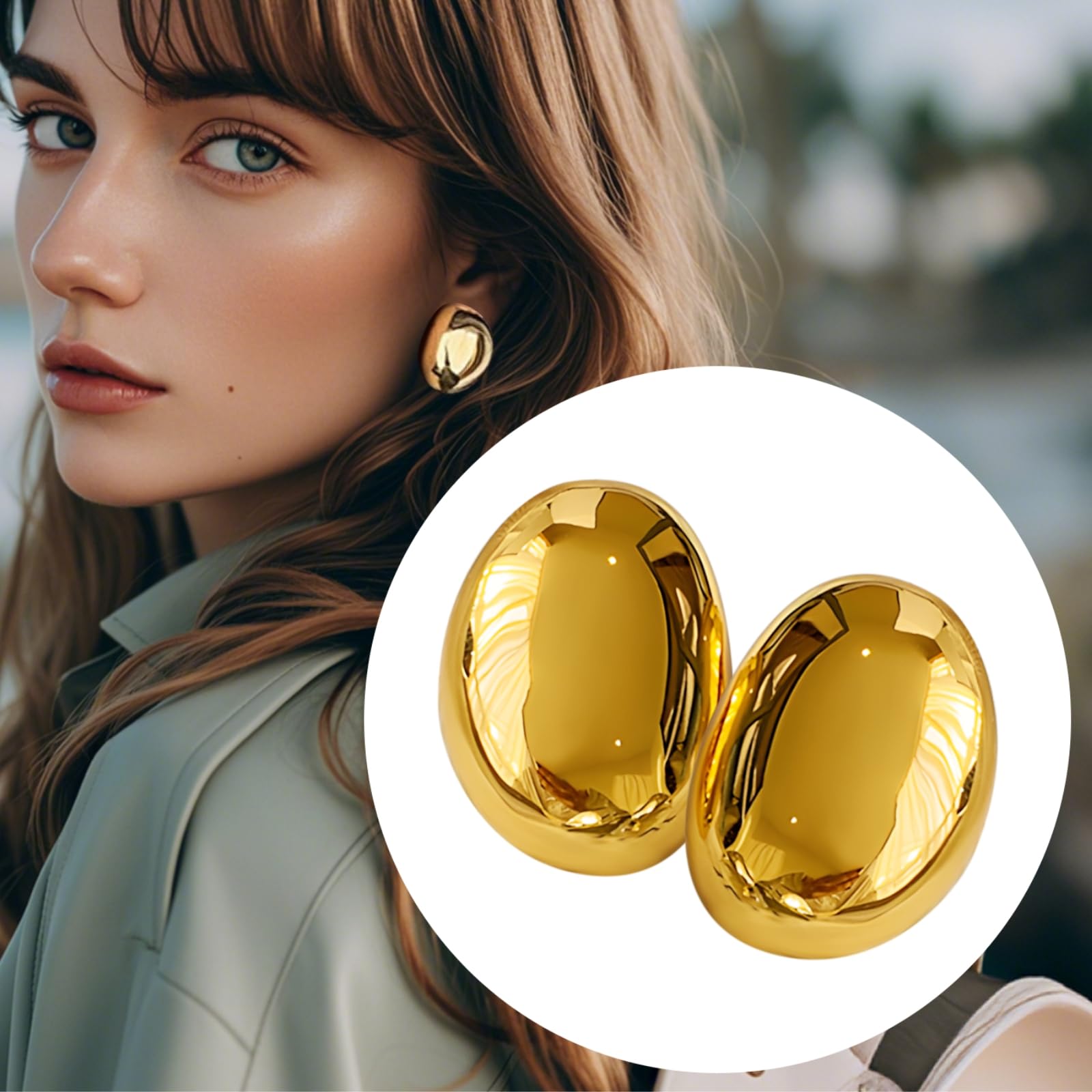 Pendientes ovalados dorados atrevidos con latón relleno de oro de 24 quilates y pin S925, joyería elegante para mujer, Aleación chapada en oro, Sin piedra preciosa