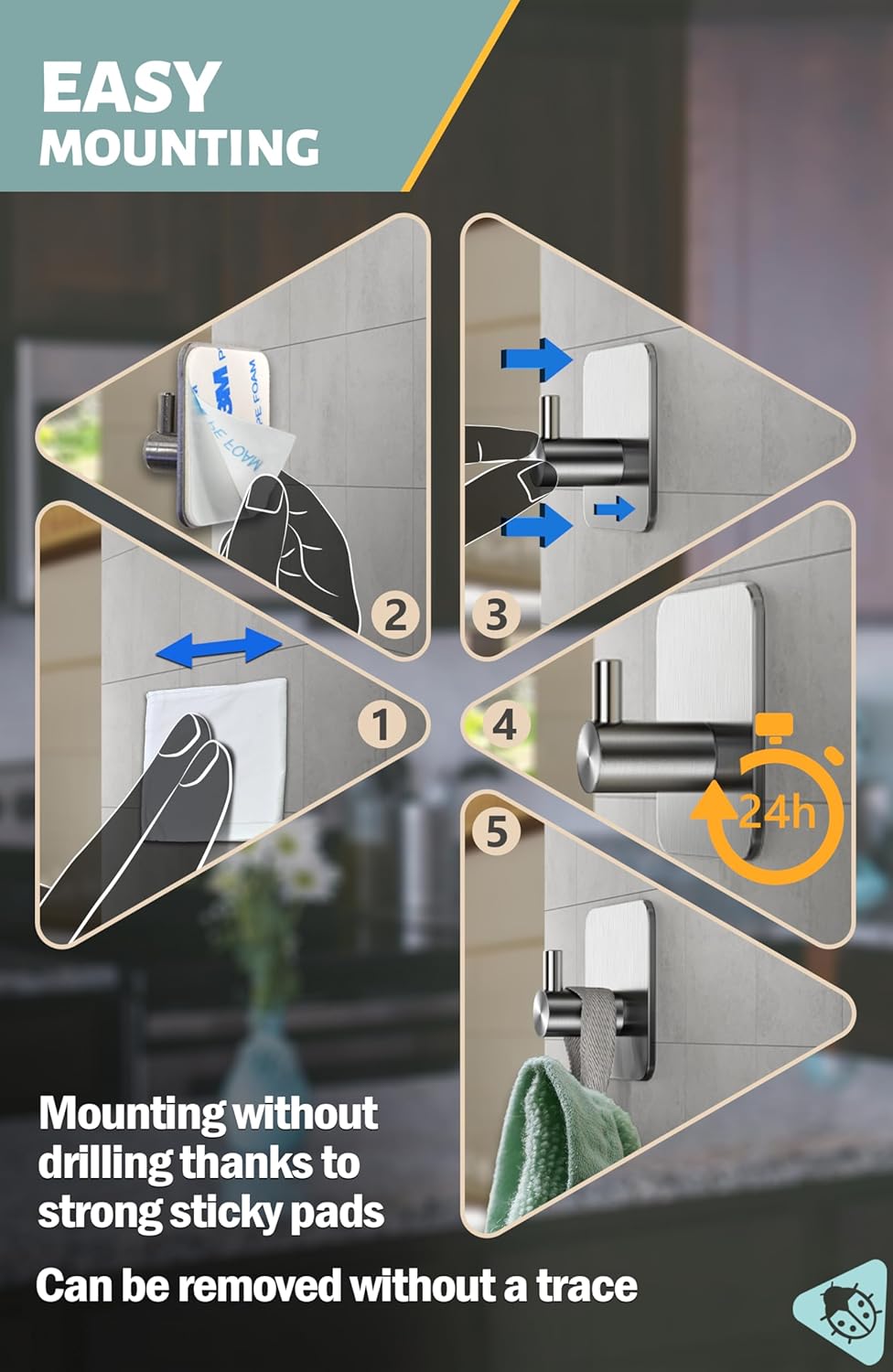 Menz 6-Pack Adhesive Towel Hooks for Bathrooms, Stainless Steel - Durable Self-Adhesive Robe Rack, Adhesive Wall Hooks, Sticky Towel Holder, Waterproof, No Drill