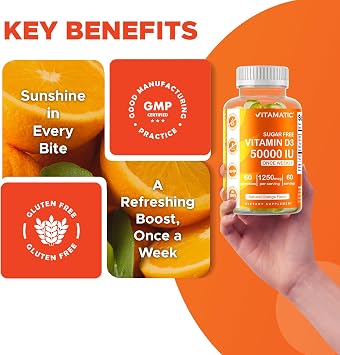 Vitamatic Sugar Free Vitamin D3 50,000 IU Weekly Supplement 60 Pectin-Based Gummies High-Potency Vitamin D for Bone, Teeth & Immune Support