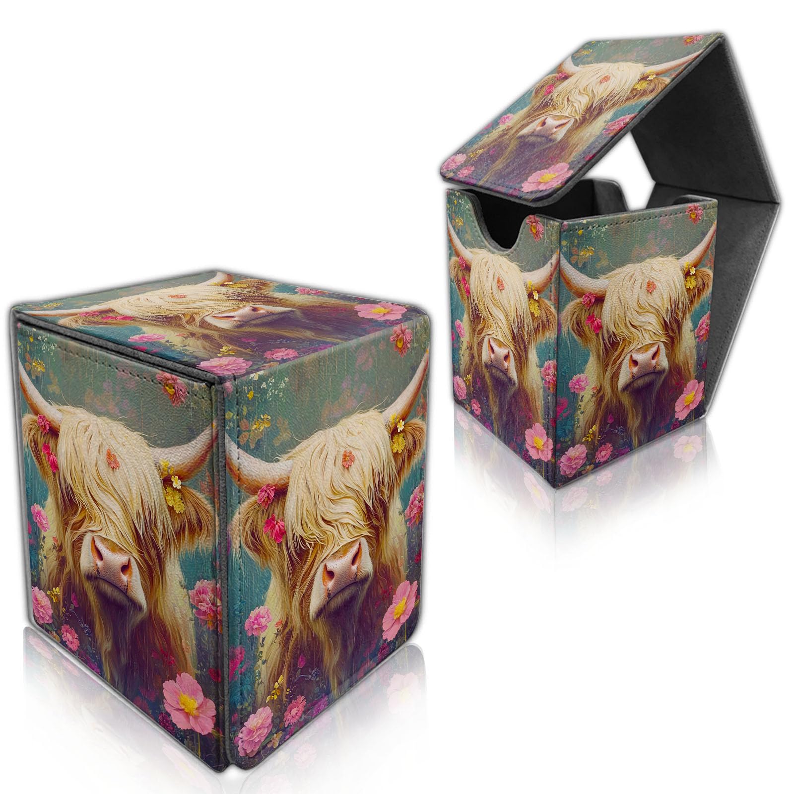 DISUOFEART for MTG Deck Box, Trading Card Storage Case Holds 100+ Sleeved Cards, Highland Cow Surrounded Flowers Magnetic Closure Durable Deck Holder for Magic The Gathering, TCG & Commander