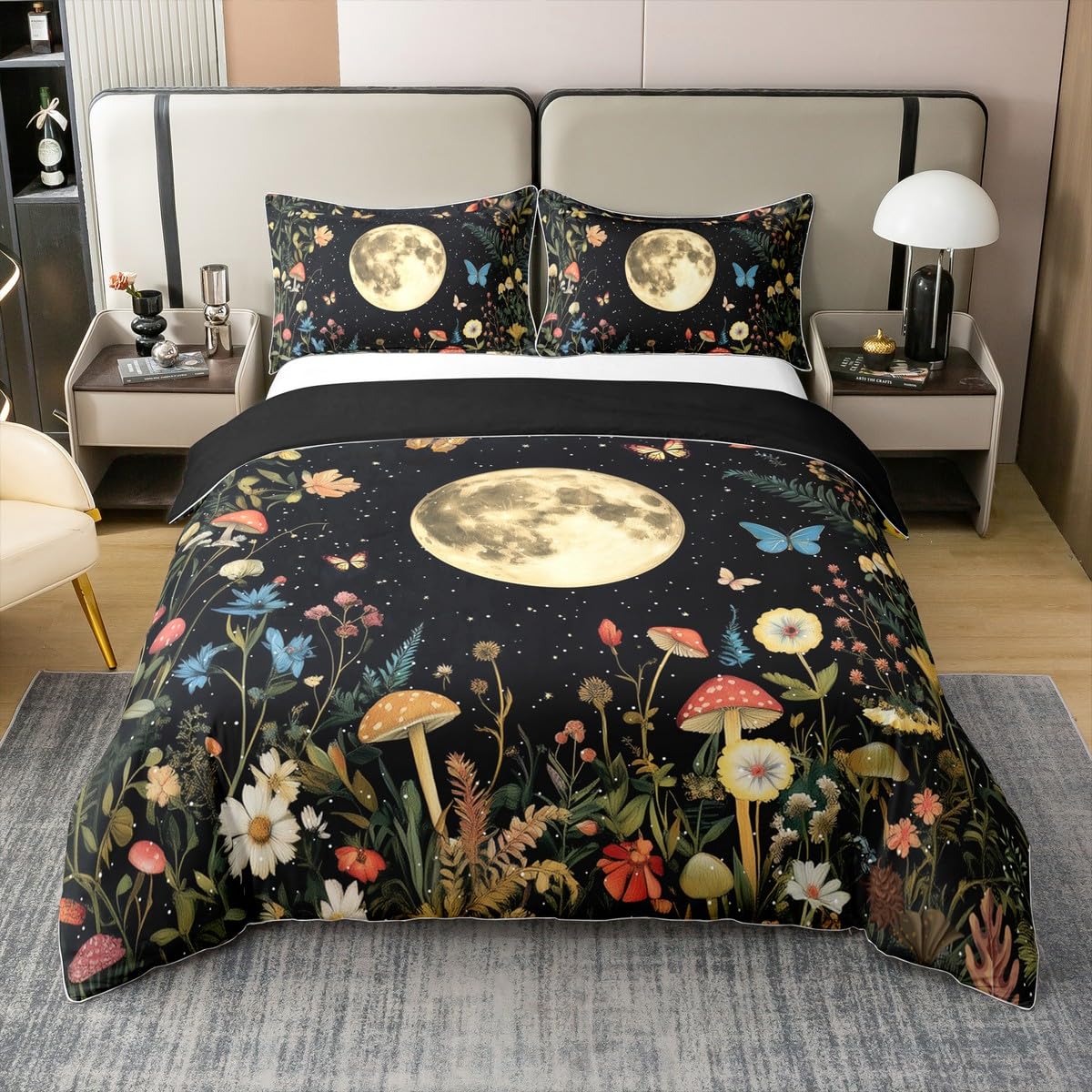 Naturalne rośliny, 100% naturalna bawełna, poszewka na kołdrę, rozmiar pojedynczy, 2 szt., styl boho kwiaty super miękki zestaw pościeli, księżyc grzyb, motyl poszewka na kołdrę dla nastolatków