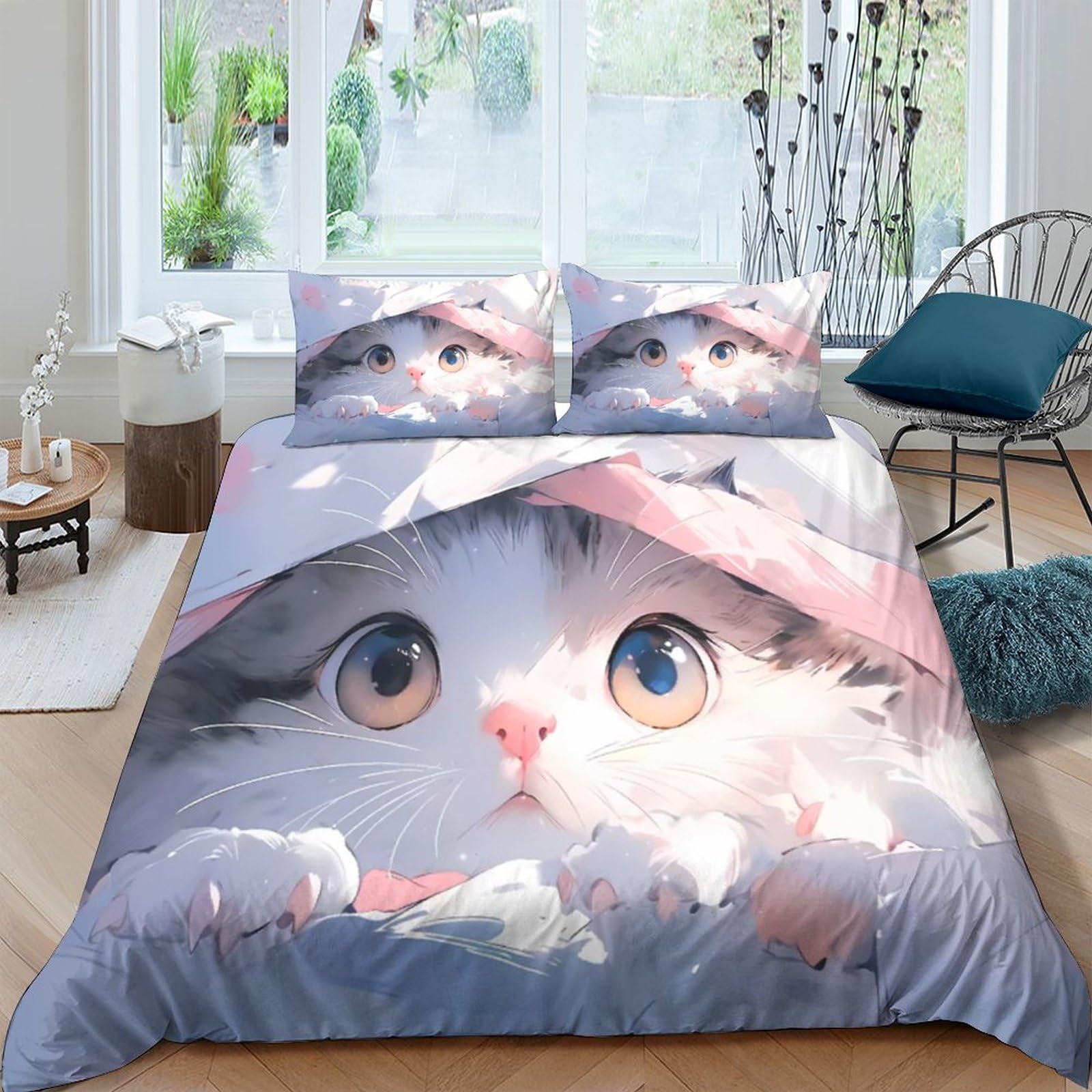 Housses de couettes chat mignon 3D pour lit double 3 pièces anti-plis