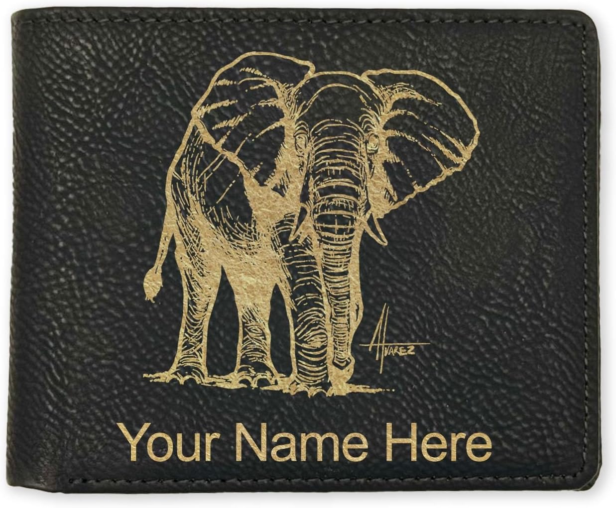 LaserGram Faux Leather Bi-Fold Wallet, African Elephant, Personalized Engraving Included (Camo Green)