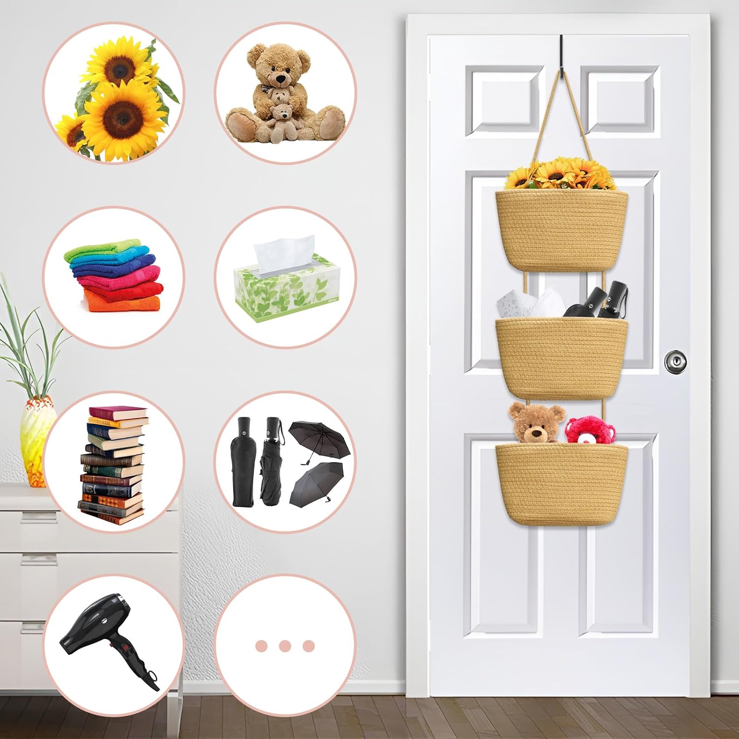 Over The Door Hanging Basket, 3 Tier Jute Woven Cotton Rope