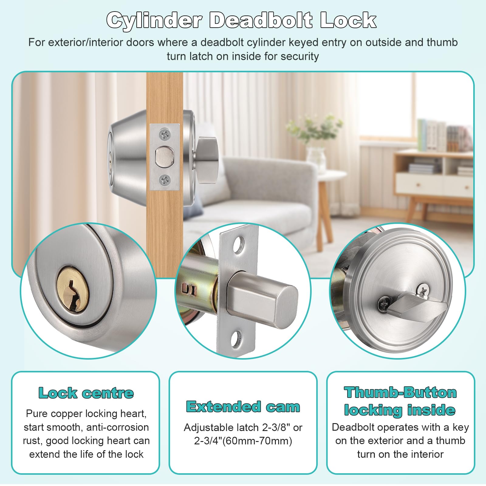 Coolty Deadbolt Lock Set, Single Cylinder Deadbolt Lock with Key Security for Entrance Door (Silver) - Image 3