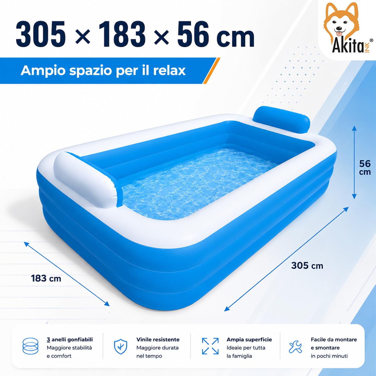 Akitaink Piscina Gonfiabile 305x183x56 cm con 3 Anelli, Piscina Familiare in Vinile Resistente per Giardino, Colori Azzurro e Bianco, Adatta ad Adulti e Bambini dai 6 Anni
