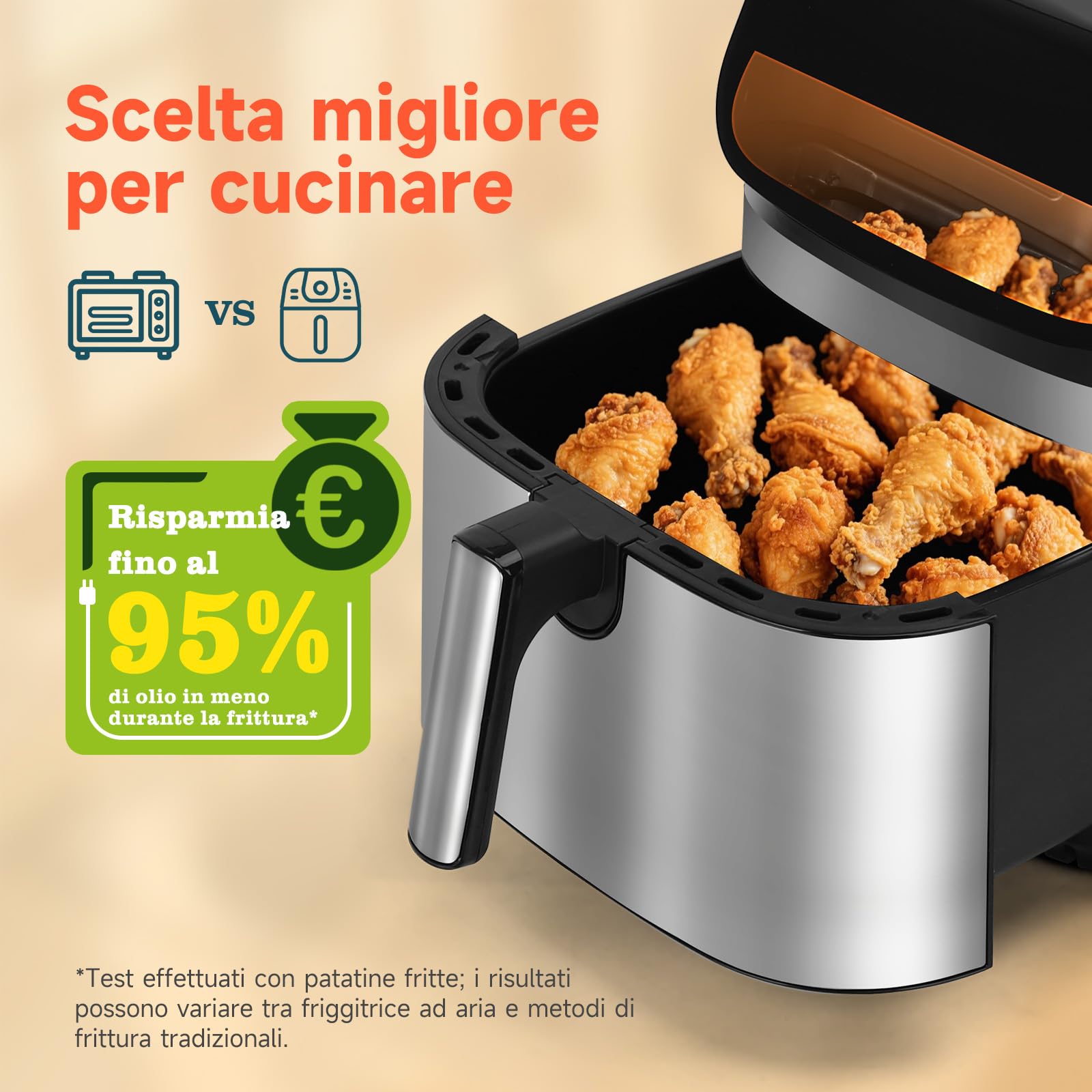 Aigostar Friggitrice ad Aria XXL 8,8 Litri, Air Fryer Doppia Resistenza, Risparmio Energetico 55%, 13 Programmi, Interno Acciaio Inox, Touchscreen & Finestra, Comunità Ricette, BPA FREE