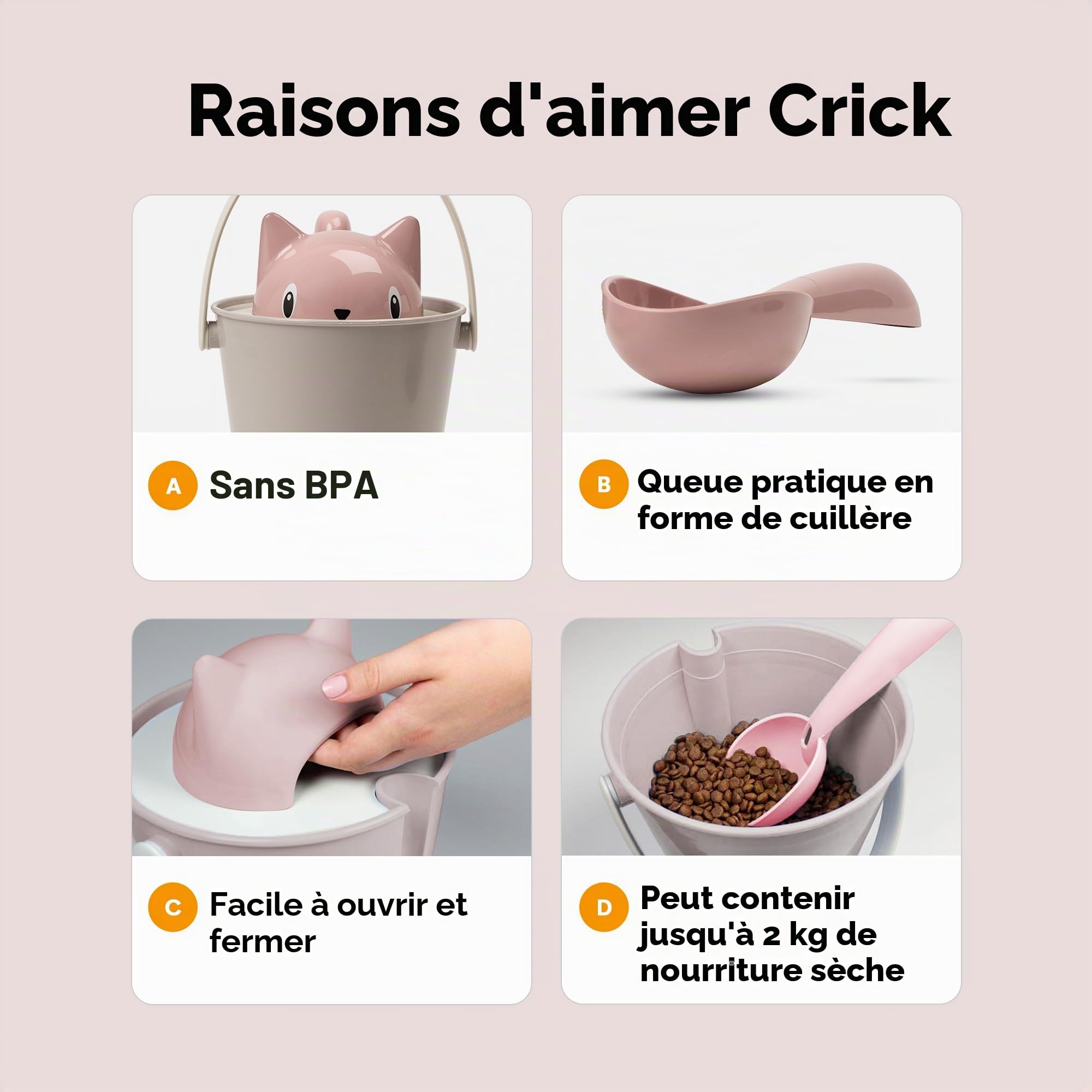 United Pets Crick - Seau à Croquettes pour Les Chats, fabriquè en Italie, cuillère-Mesure Incluse. Couleur: Rose/Gris. Designer: Giovannoni