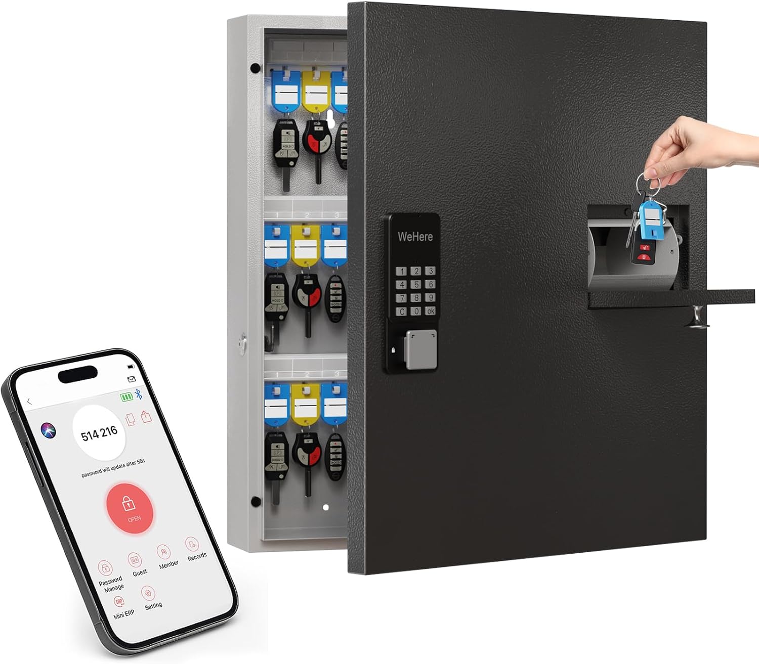 WeHere 56 Keys Lock Box, Key Cabinet with Key Drop Slot, APP Bluetooth/OTP/Wi-Fi, Fixed Code/Key Unlock, Large Key Return Box for Hotel,Car Dealerships,Realtors,Office,School