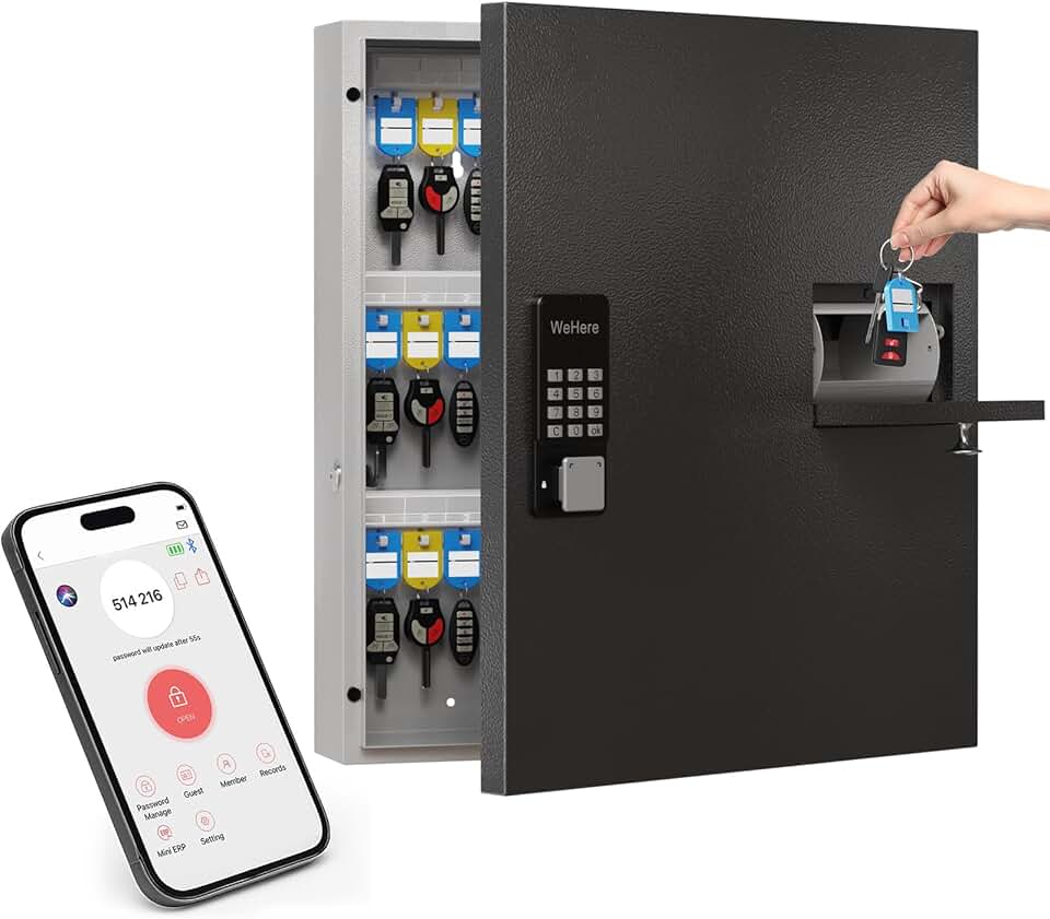 WeHere 56 Keys Lock Box, Key Management Cabinet Key with Drop Slot, APP Bluetooth, Digital Keypad, &amp; WiFi Unlock, Access Log Tracking, Key Return Box for Hotel, Car Dealerships, Office, School