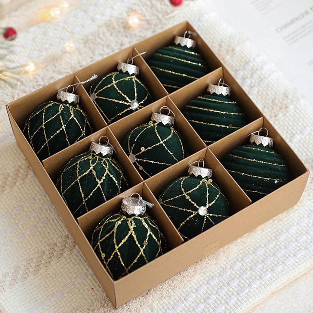 9Pcs Christmas Baubles, 8Cm Velvet Xmas Ball Ornaments, Tree Hanging Rustic Baubles For Christmas Decoration, Wedding, Birthday Party(Green)