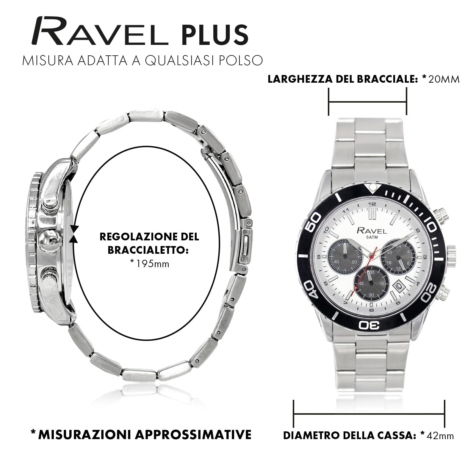 Ravel Plus - Orologio Sportivo da Uomo Cronografo Argento 42 mm con Lunetta Girevole Unidirezionale - 5ATM - Analogico Quarzo - RP.CHR-05-09