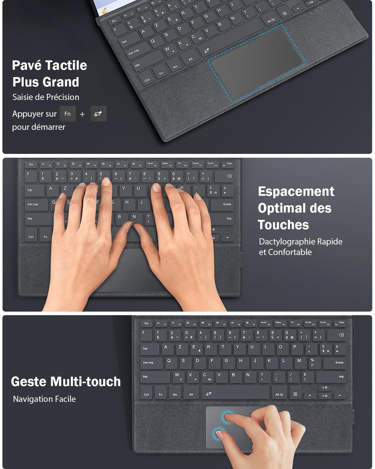 MoKo AZERTY Clavier Français Microsoft pour Surface Pro 7+/7/6/5/4/3,Gris | Bluetooth avec Pavé Tactile, Rétroéclairage LED 7 Couleurs, Batterie Rechargeable