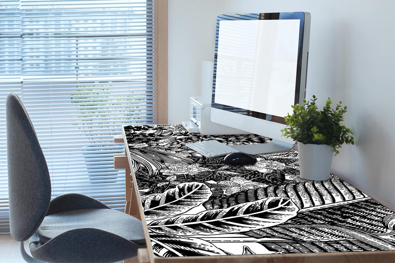 Sottomano da Scrivania 120x60 cm Facile da Pulire Antiscivolo Impermeabile per Ufficio e Casa in Vinile PVC Protezione e Decorazione Superficie Protettiva - Foglie bianche e nere