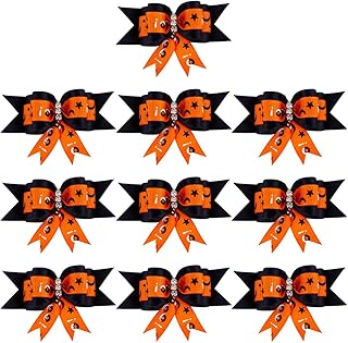 balacoo Rhinestone Headbands 10pcs Halloween Dog Hair Bows with Rubber Band Bowknot Hair Accessories for Pet Dog Cats (Orange Black) Girl Jewelry