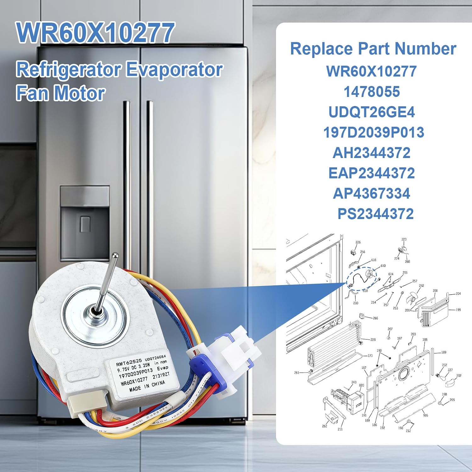 Upgraded WR60X10277 Refrigerator Evaporator Fan Motor, Compatible with GE Fridge Freezer Evaporator, Replace Part UDQT26GE4 1478055 EAP2344372 197D2039P013 AH2344372