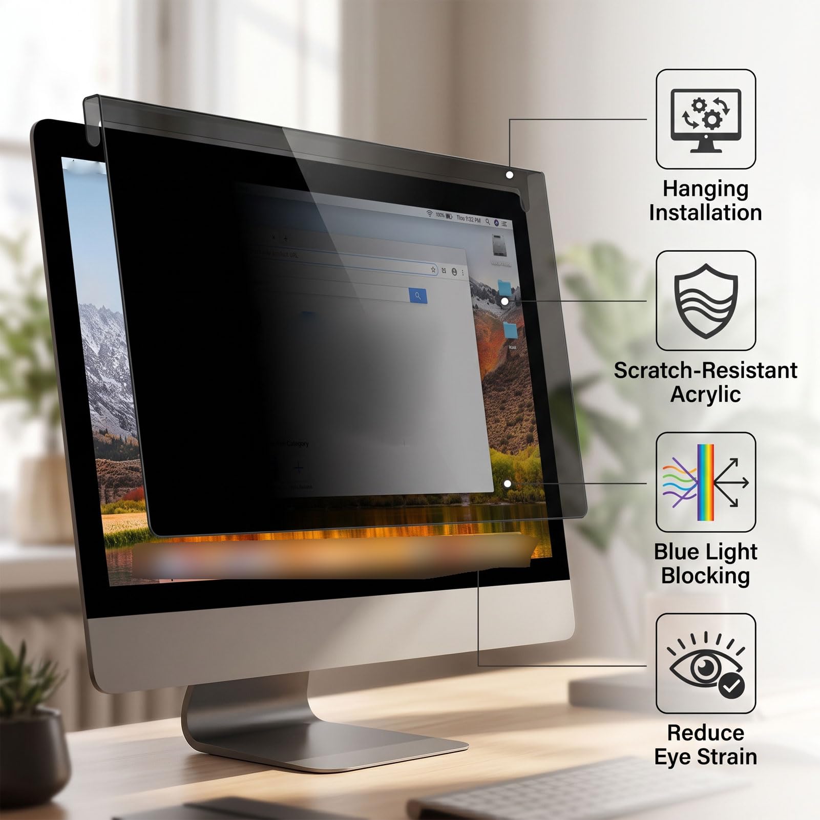 Filtro de Pantalla de Privacidad de 27 Pulgadas, Protector de Monitor de Computadora con Bloqueo de Luz Azul Antiespía Acrílico con ángulo de Visión de 30-60 Grados, para