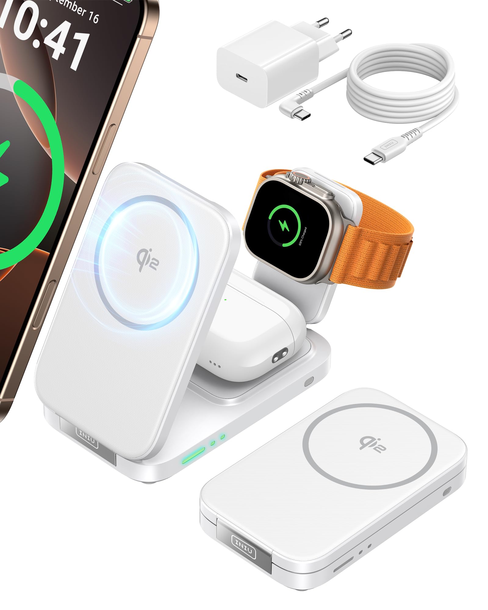 INIU Foldable Magnetic Wireless Charger, Qi2 Certified 3-in-1 Travel Charging Station with 15W Fast Charge - Compatible with Mag-Safe for iPhone 17/16
