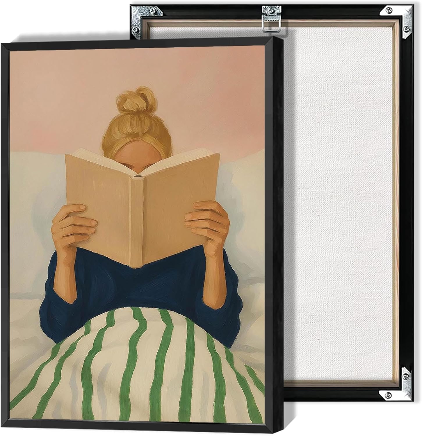 Póster de mujer leyendo en la cama, arte de pared retro para amantes de los libros, arte de pared, minimalista, preppy, pastel, femenino,