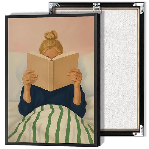 Woman Reading In Bed Poster Retro Book Lover Canvas Wall