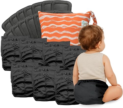 Miniatura 15 de Paquete de 7 pañales de tela reutilizables con interior AWJ, incluye 14 insertos absorbentes y 1 bolsa húmeda, ajustables, impermeables y lavables