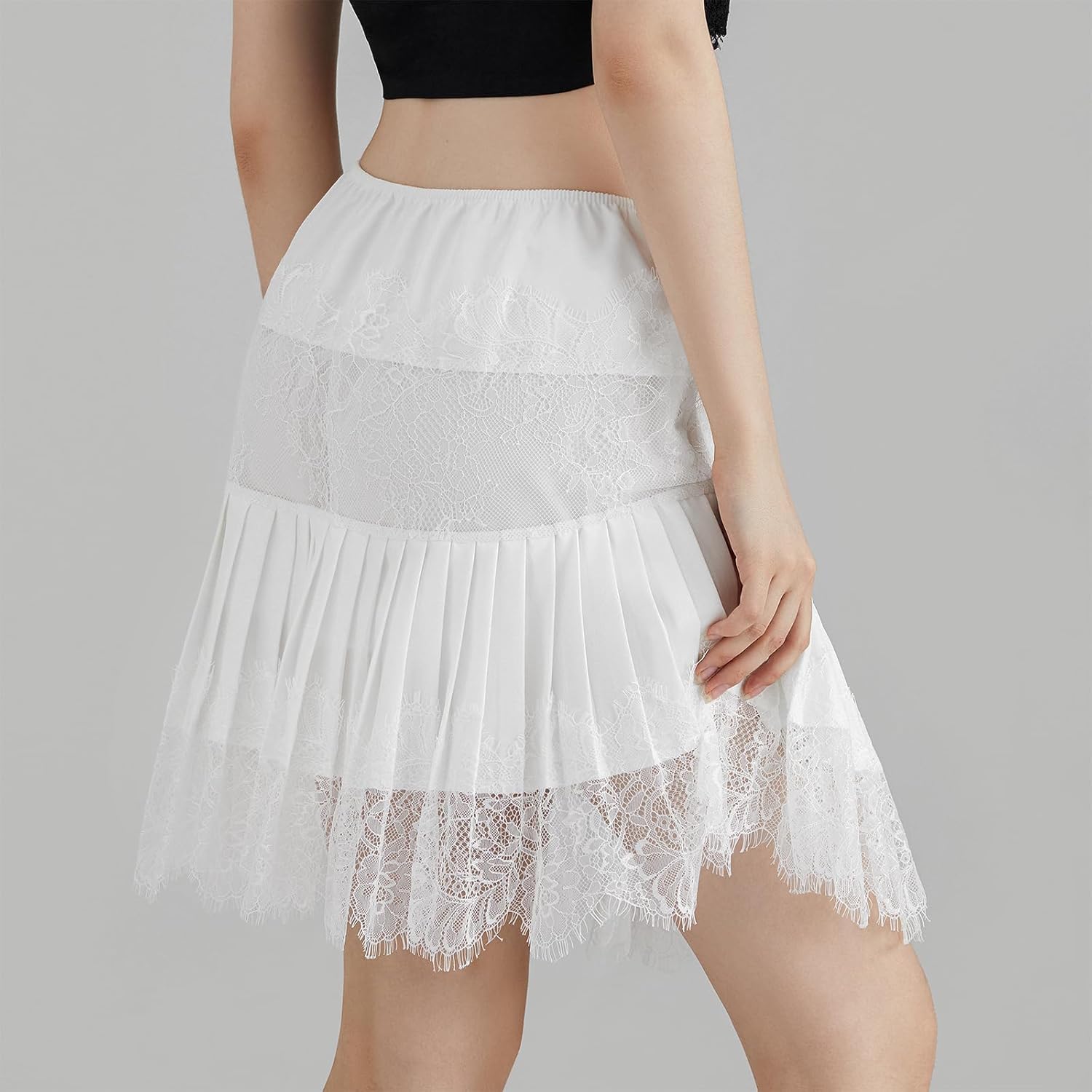 Women Lace Skirt Ruffle Mini Skirt Half Slip Layered Pleated Flowy Skirt - Image 3
