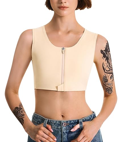 LEINIDINA Chest Binder Transgender Tomboy FTM Binder Trans with Front Zipper Elastic LGBT Binder Bra Tank Top - Large - Beige