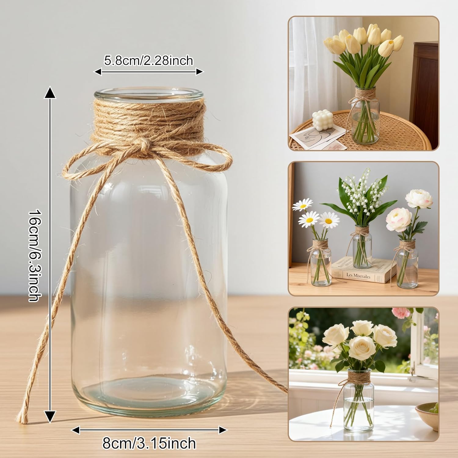 Vintage Glass Flower Vase，with Hemp Rope，12PCS Transparent Glass Flower Vases，for Weddings, Parties & Reception Table Decorations, Home Decor, Floral Arrangements(Transparent, 12 pcs)