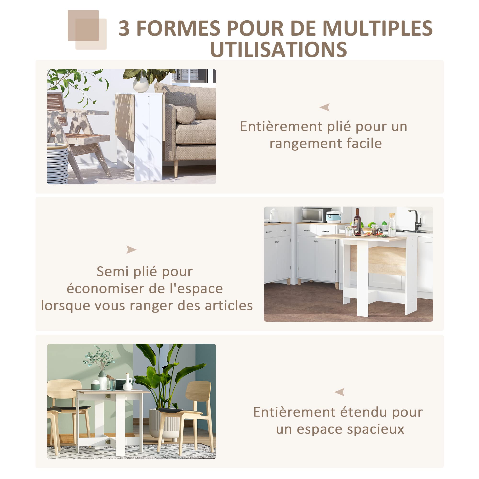 HOMCOM Table de Cuisine Pliable en Bois 103L x 76l x 74H cm Chêne Blanc