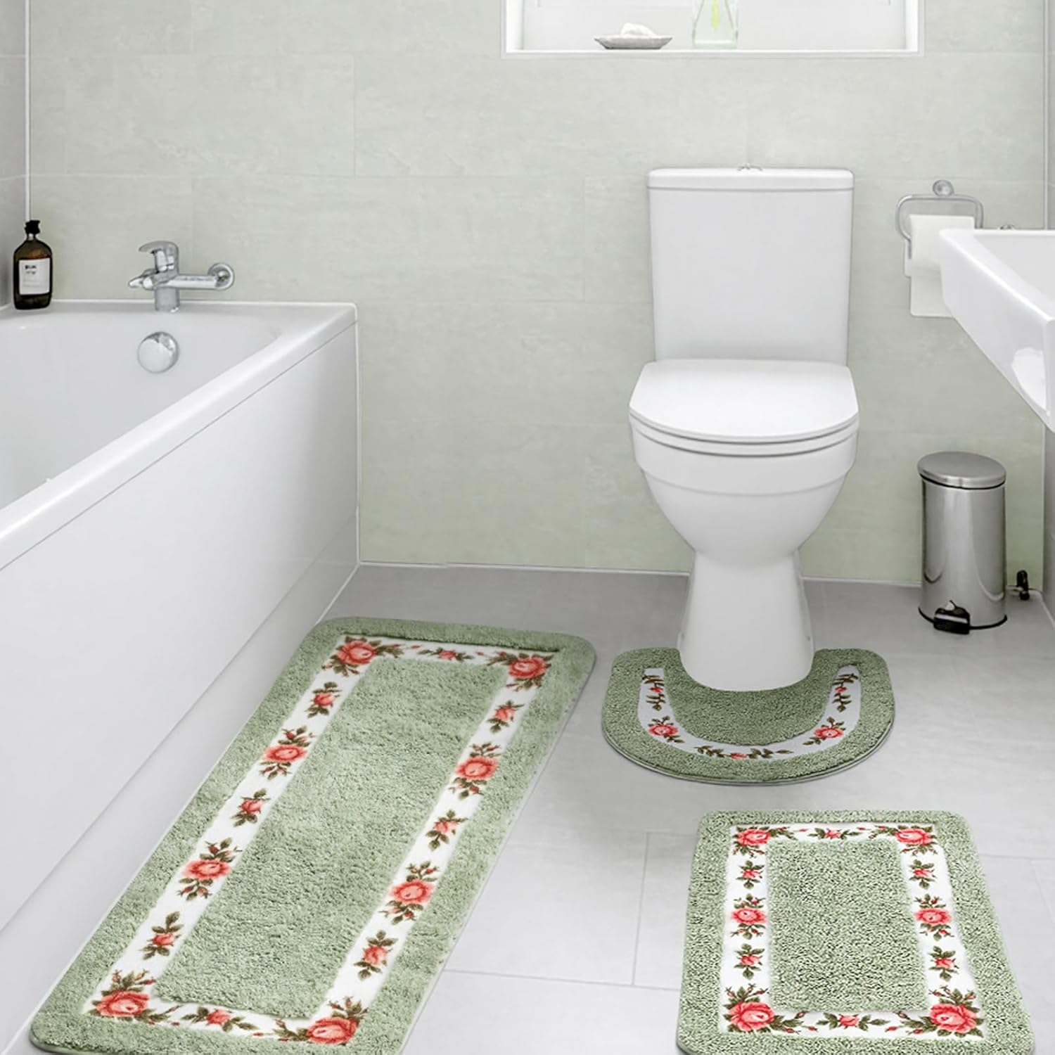 3 Pcs Rose Flowers Bathroom Rugs Set Coquette Room Decor Floral Carpet for Bathroom Bedroom Living Room, Floral Bath Mat Non Skid Romantic Rose Flower Area Rugs 3 Shapes(Pink,Small)